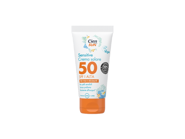 Face and décolleté sunscreen SPF 50 for sensitive skin, fragrance-free, water-resistant, UVA + UVB protection.