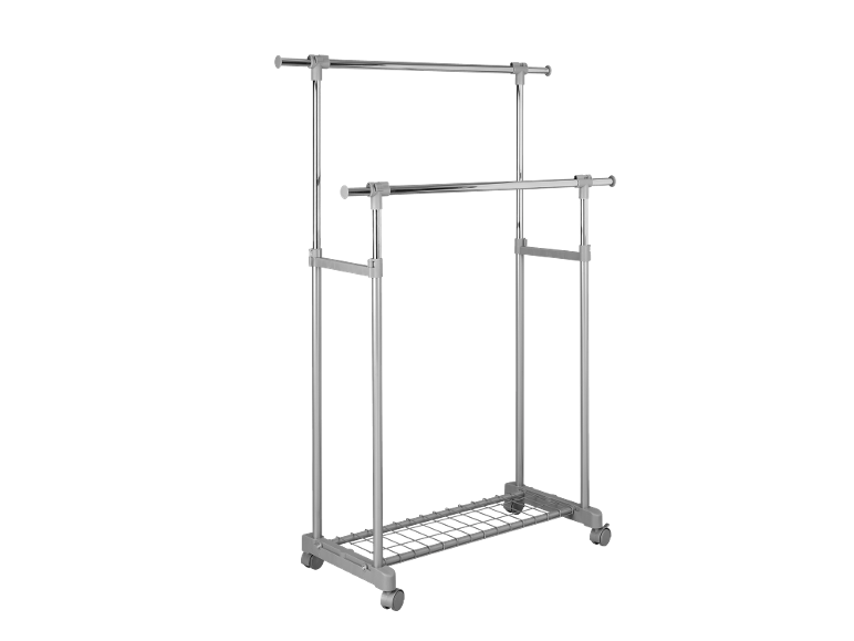 Height-adjustable double clothes rack with a bottom shelf and wheels, on a black background.