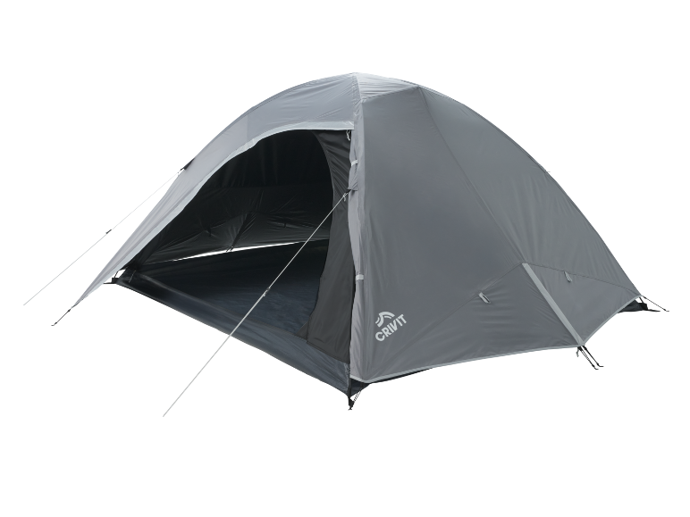 Grey camping tent with an open entrance, featuring poles and guy ropes.