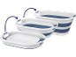 Three white and blue collapsible laundry baskets, showing the folding process.