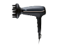 Black hairdryer with a diffuser attachment and gold accents.