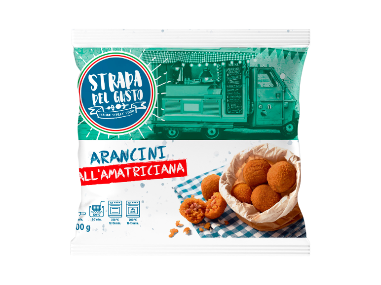 Packaging of arancini all'amatriciana with preparation instructions and food truck graphic.
