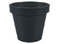Dark gray plastic flower pot on a black background.
