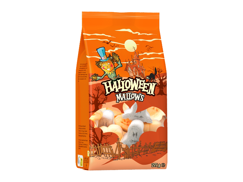 Halloween Mallows 275g bag with spooky pumpkin scarecrow and ghost-shaped marshmallows