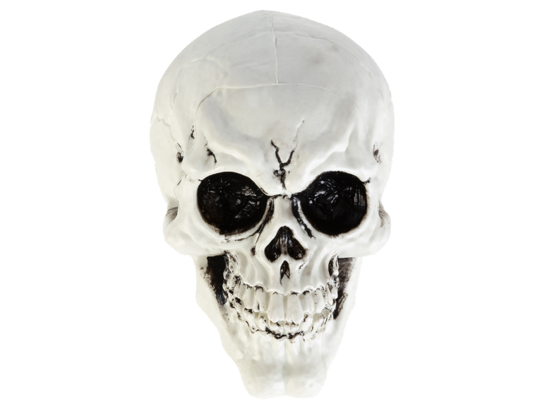 White decorative skull with black eye sockets on a black background.