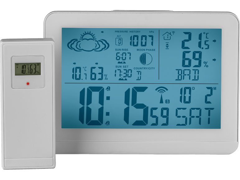 Digital weather station with outdoor sensor, displaying temperature, humidity, time, and forecast.