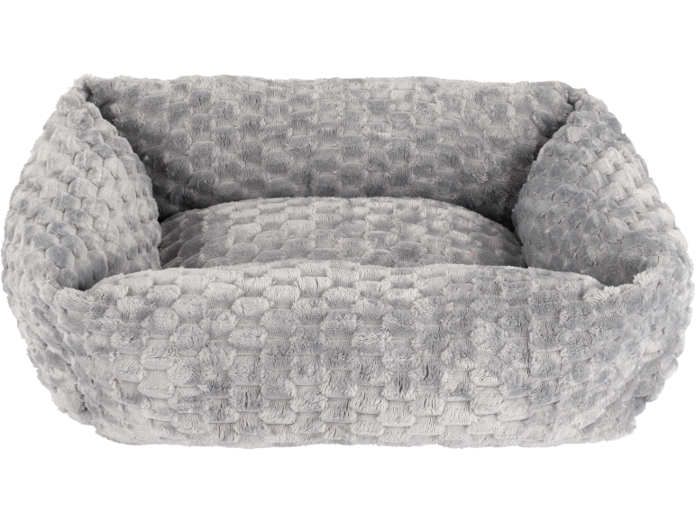Light grey, fluffy pet bed with an embossed pattern.