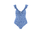 Blue floral print one-piece swimsuit with ruffled straps and a tie-front detail.