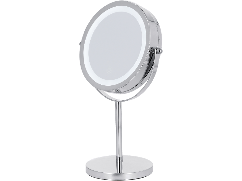 Chrome-plated tabletop makeup mirror with LED illumination and round base