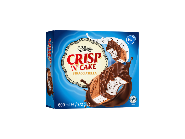 Ice cream sandwiches with stracciatella flavor, chocolate coating, and a 'Crisp 'N' Cake' theme, 6 pieces.