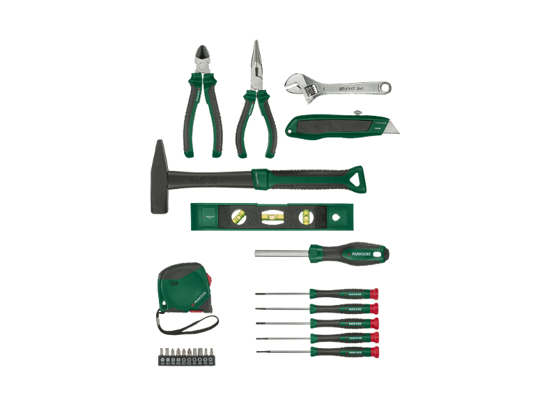 Tool set with screwdrivers, hammer, tape measure, pliers, and spirit level.
