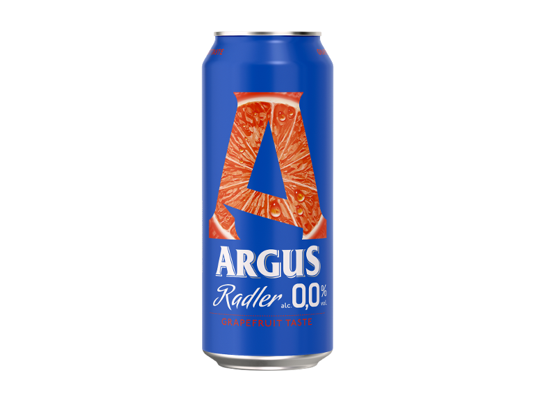 Blue soft drink can with a grapefruit image and text 'Radler 0,0% Grapefruit Taste'.