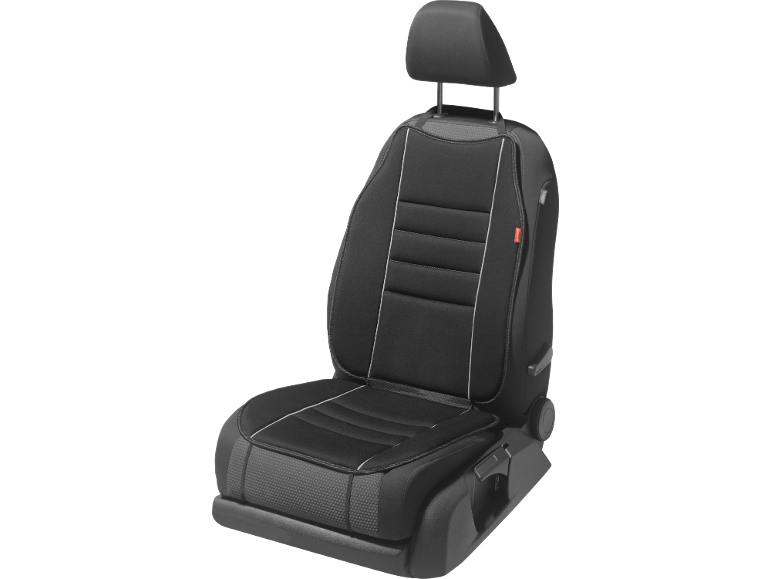 Black car seat with a seat cover and headrest.
