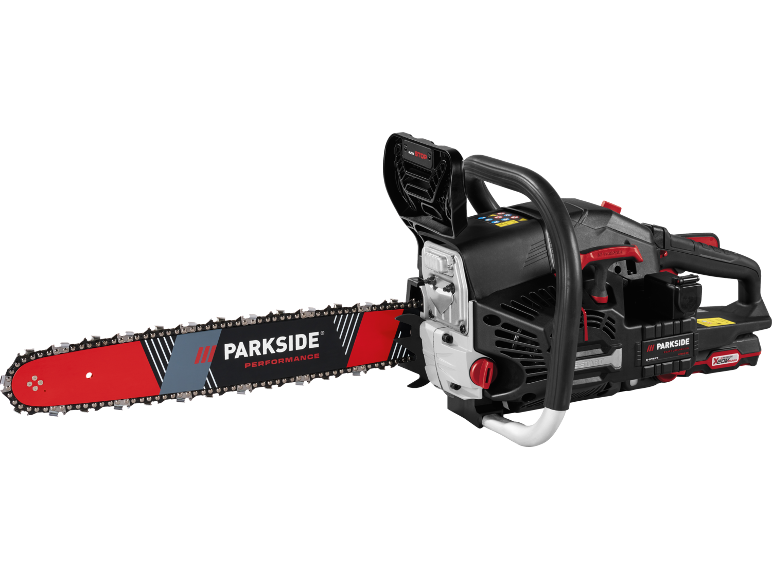 Black and red cordless chainsaw with bar and chain, featuring 'PERFORMANCE' text.