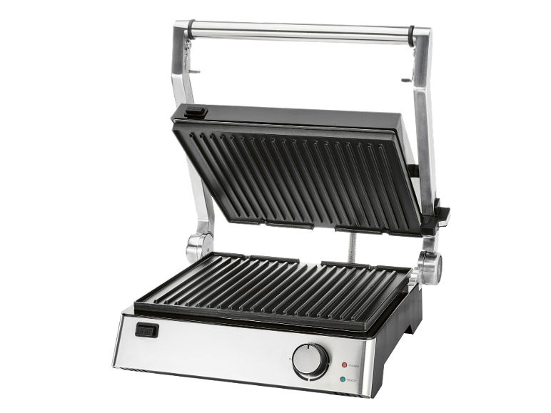 Open stainless steel contact grill with ribbed plates and temperature control
