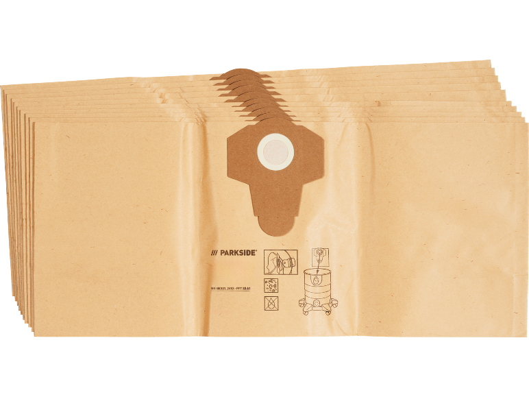 Stack of paper vacuum cleaner bags with usage instructions.