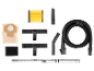 Vacuum cleaner accessories, including filter, bags, hose, and nozzles.