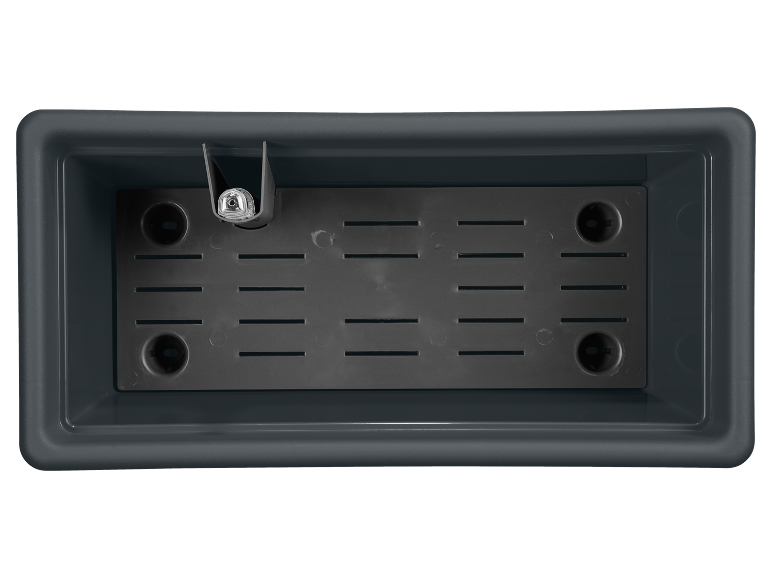 Rectangular grey plant pot with a drainage insert and water level indicator.