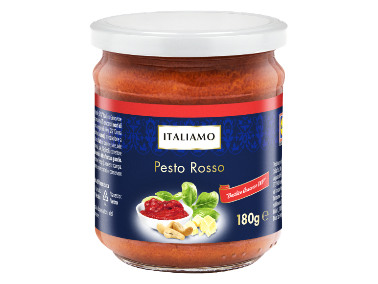 Glass jar of red pesto, with the text 'Pesto Rosso' and 'Basilico Genovese DOP'.