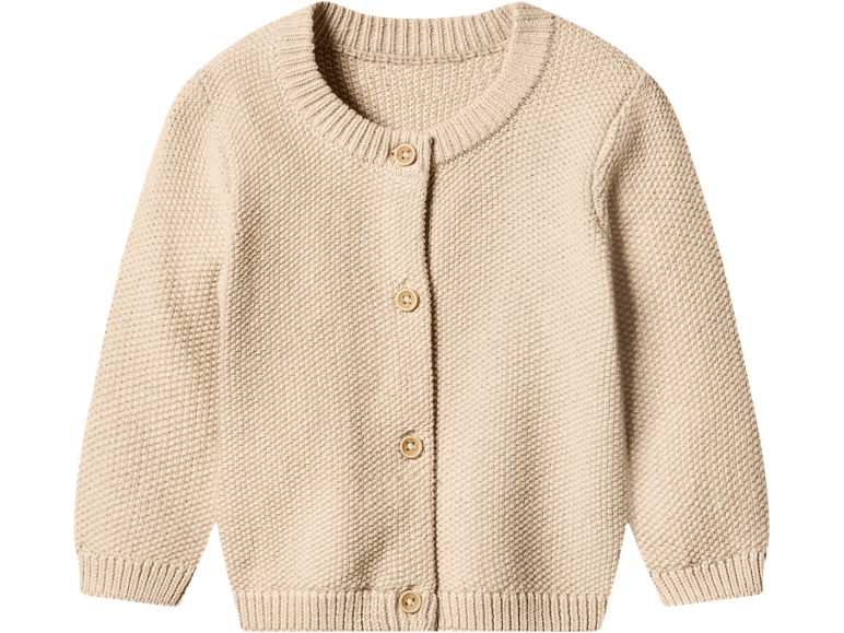 Beige knitted cardigan with wooden buttons for babies