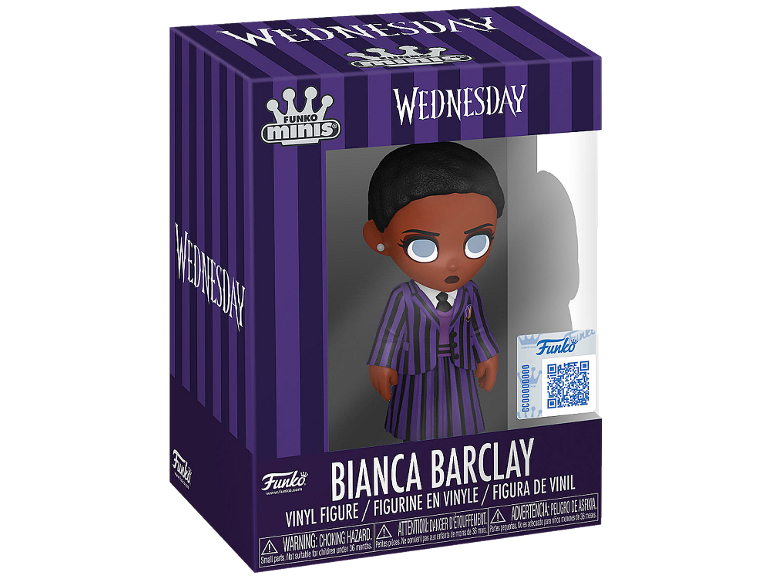 Wednesday mini figure, Bianca Barclay vinyl figure in a purple striped box.
