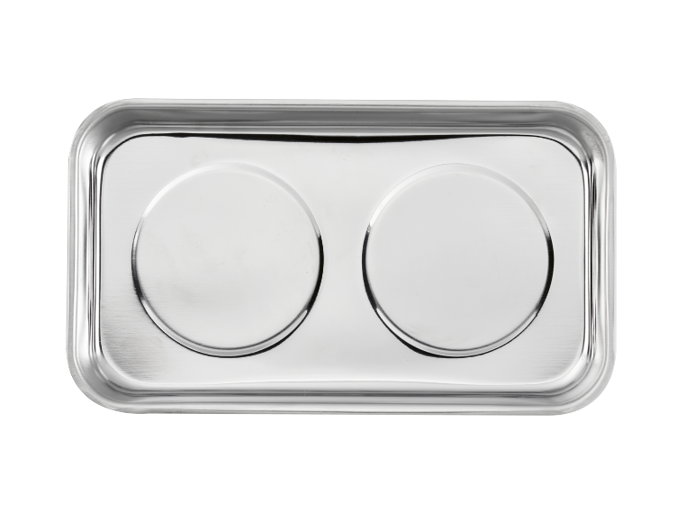 Rectangular metal tray with two round indentations.