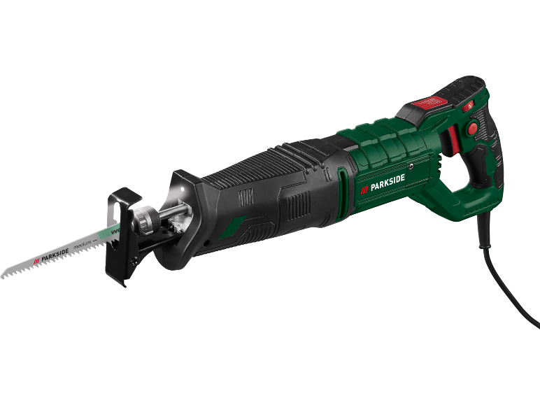 Green and black electric reciprocating saw with wood blade