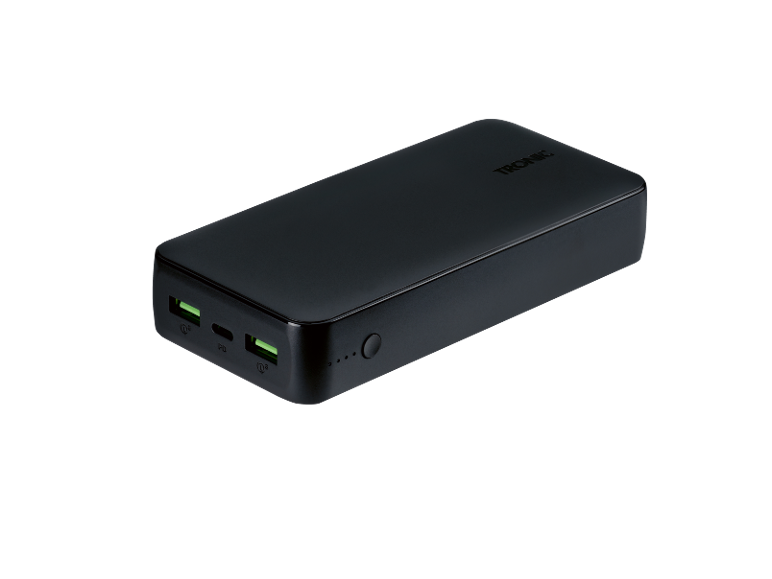 Black power bank with two green USB ports and 'TRONIC' text.