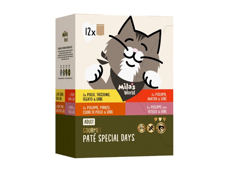 Box of 12 gourmet pâtés for adult cats with chicken, turkey, liver, duck, beef, and herbs.
