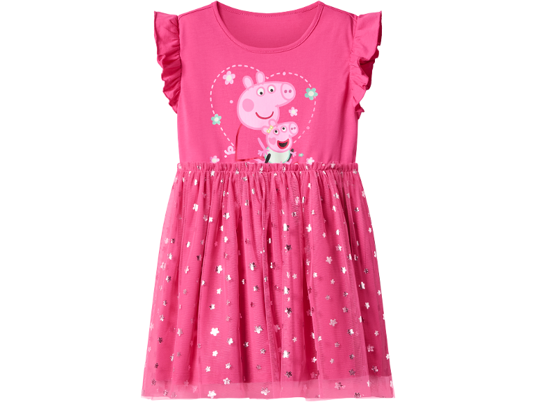 Pink girls' dress with a pig character print and a glittery tulle skirt.