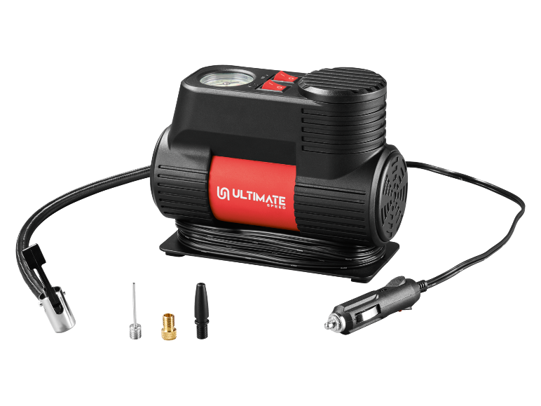 Black car compressor with attachments and a red ULTIMATE SPEED label.