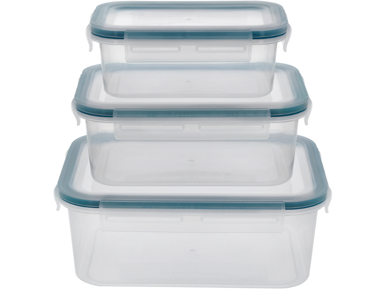 Stacked clear food storage containers with blue sealed lids.