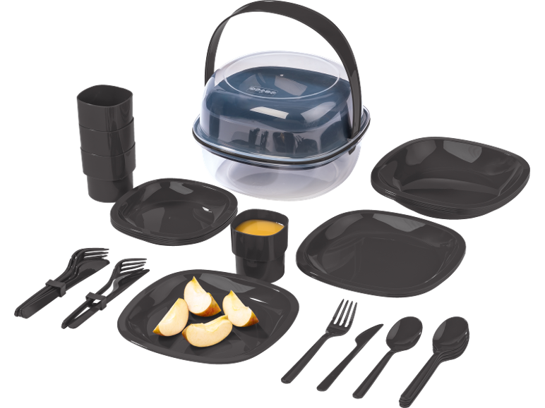 Picnic set: container, plates, cups, cutlery, and apples.