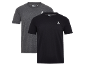 Two men's short-sleeved t-shirts, one dark grey and one black, with a small white logo.