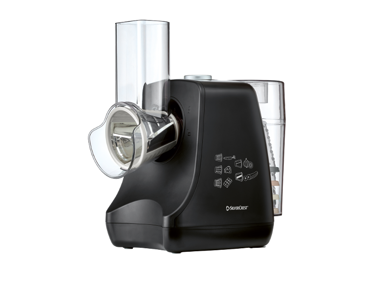 Black food processor with grating and slicing attachments for vegetables, cheese, and chocolate.