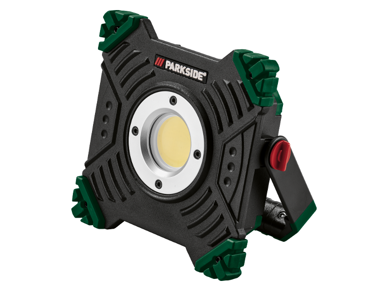 Compact, robust LED work light with green details and an adjustable stand.