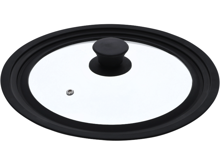 Round glass pot lid with a black silicone rim and a black knob handle