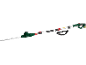 Cordless pole hedge trimmer with adjustable head and shoulder strap.