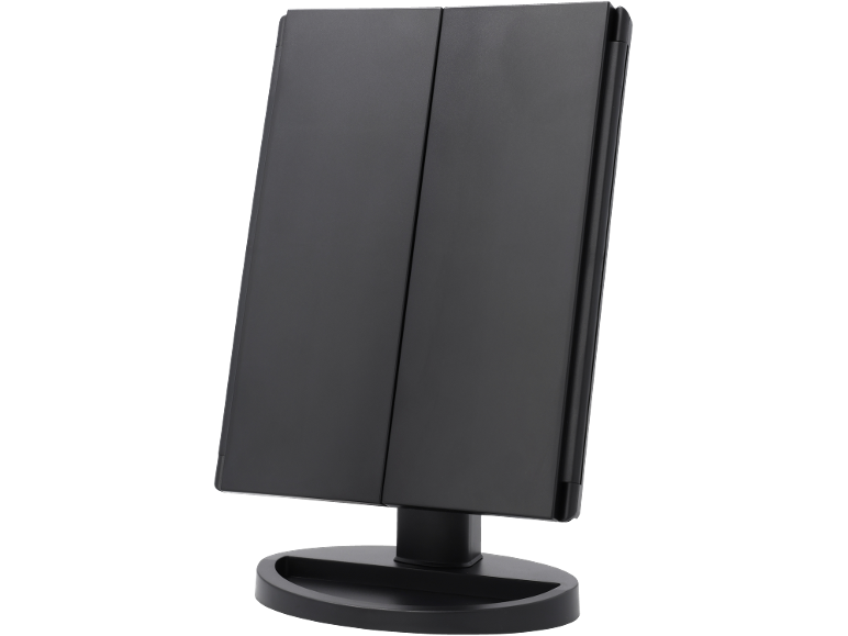 Black foldable illuminated cosmetic mirror on a stand.
