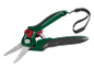 Garden shears with green handles and a black strap.