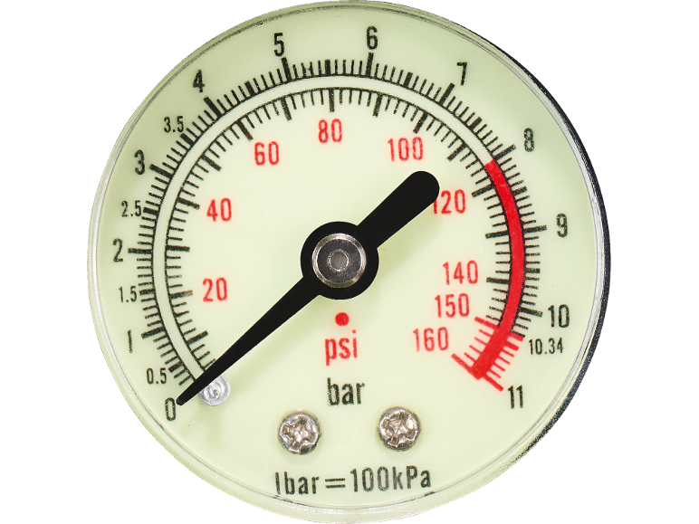 Close-up of a pressure gauge with readings in psi and bar, showing a needle at approximately 110 psi.