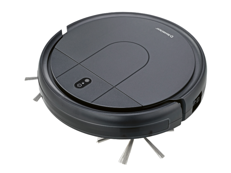 Dark gray round robotic vacuum cleaner with side brushes and a power button.