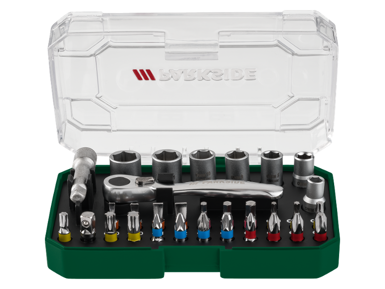 Socket wrench and screwdriver bit set in a green and clear case.