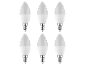 Six white LED candle light bulbs with E14 screw bases on a black background.