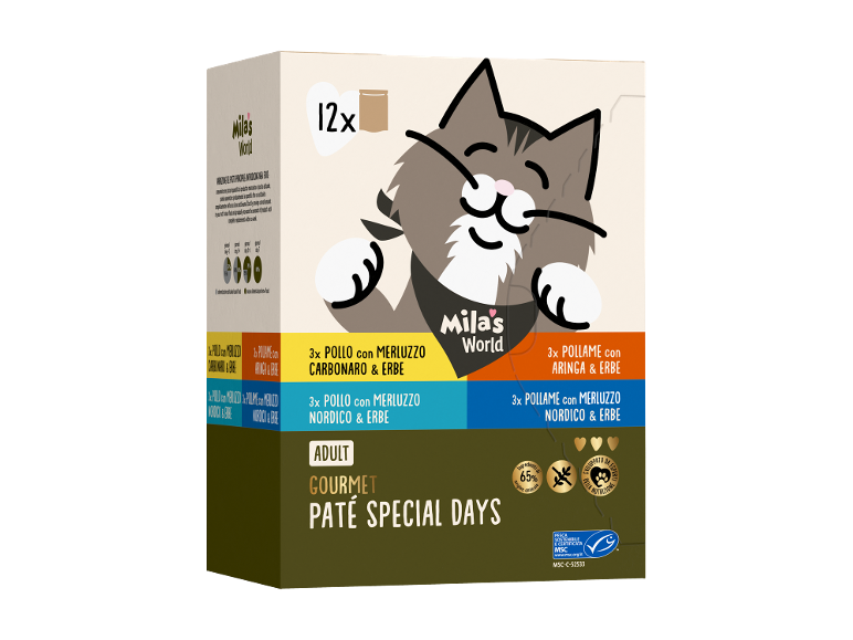 Mila's World 12-pack cat food with pâté in various flavors, including chicken and cod.