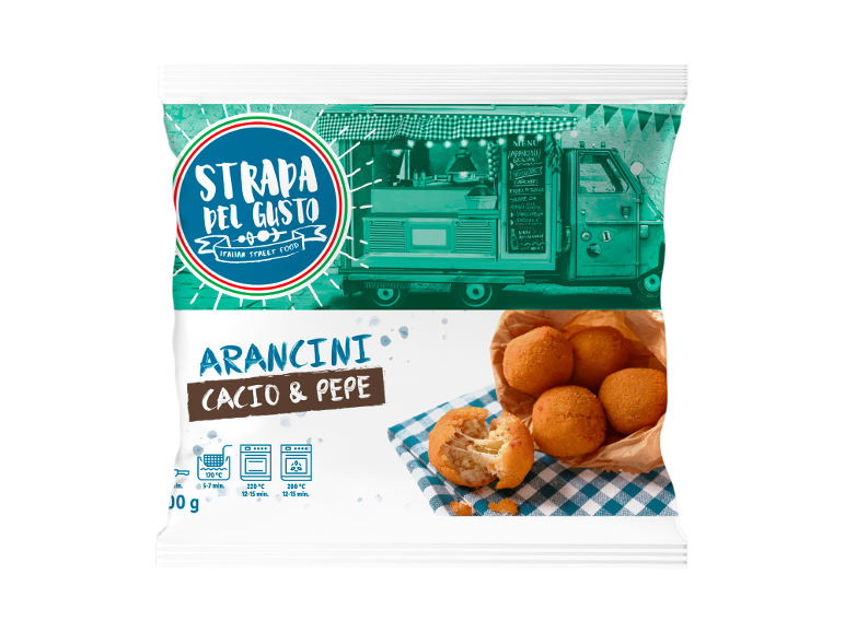 Packaging of Cacio & Pepe arancini with cooking instructions and a food truck image.
