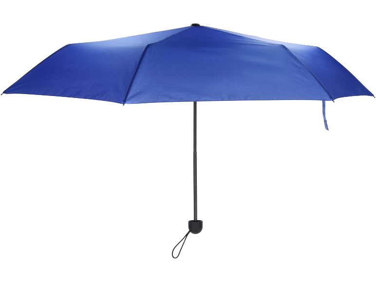 Open blue umbrella with a black handle and cord.