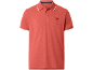 Men's coral polo shirt with fish embroidery and white stripes on the collar and sleeves.