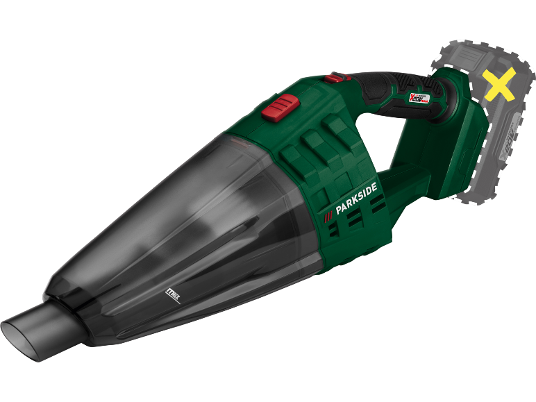 Cordless handheld vacuum cleaner in green and black, with a transparent dust container.