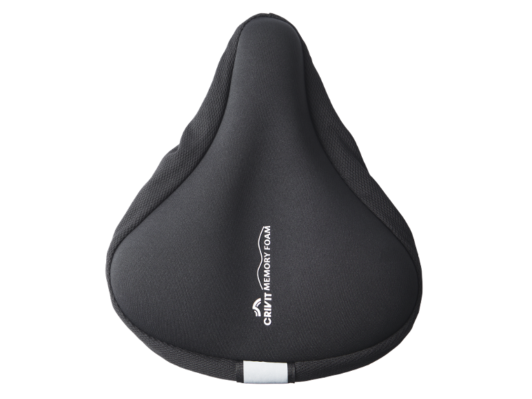 Black padded bicycle saddle with 'CRIVIT MEMORY FOAM' text.